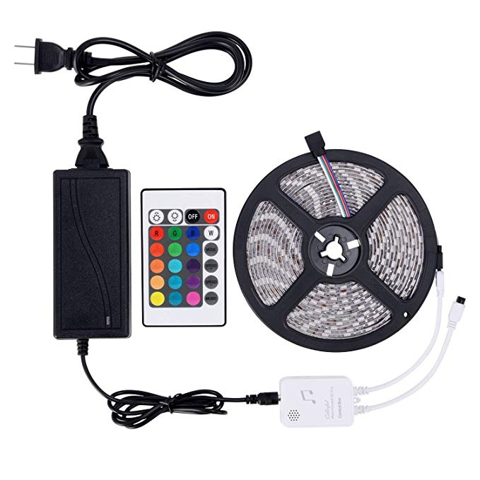 Strip Light Kit Sync with Music | Sanwo 16.4ft 300LEDs RGB 5050SMD IP65 Waterproof String Lights with Remote, 12V Power Supply, Color Changing Lights Strip Controller, Rope Light Fixing Clips for Room