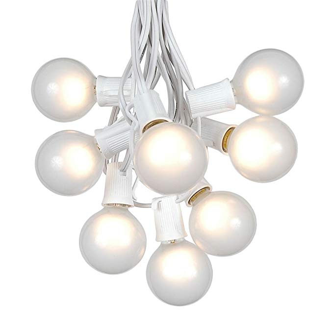 G50 Patio String Lights with 125 Frosted White Globe Bulbs – Wedding Outdoor String Lights – Market Bistro Café Hanging String Lights – Patio Garden Globe Lights - White Wire - 100 Feet