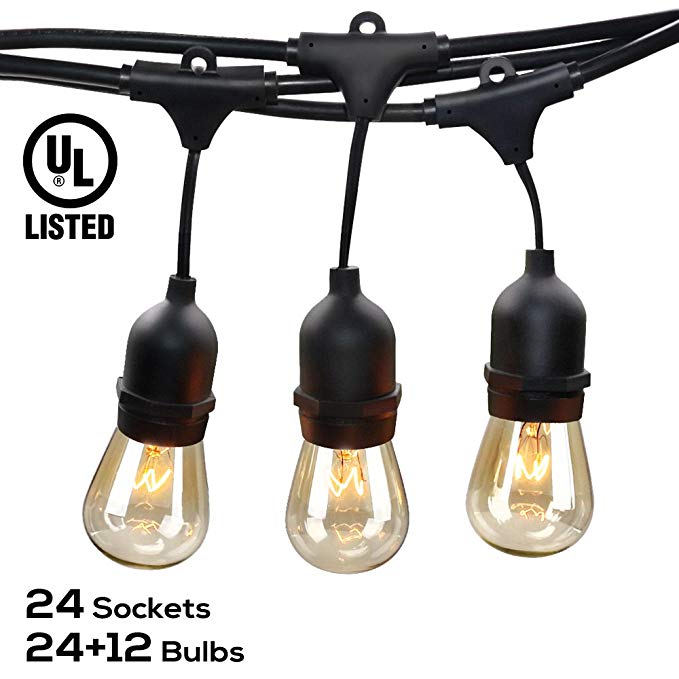 50ft Outdoor Patio String Lights 24 Bulbs+ Extra 12 Free Bulb Extendable Retro Style Hanging Lights for Festivals and Events, 24 Sockets, Weatherproof Commercial Grade, Garden, Balcony, Entrance