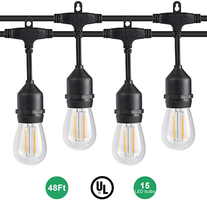 GordonChann Outdoor Dimmable LED String Lights with 48 Feet, 15 Hanging Sockets, UL certified E492224, 2W Edison bulbs and Weatherproof Heavy-duty String Lamps for Patio, Porch.